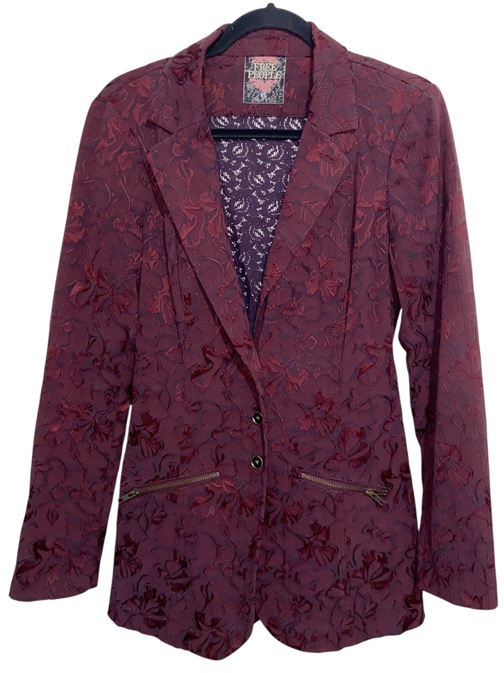 Free People Jacket Size 6 Floral Jacquard Blazer Burgundy Whimsigoth Lace Boho